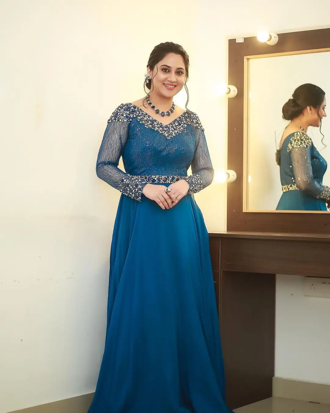 Miya George Wearing Beautiful Earring Jewellery Blue Dress